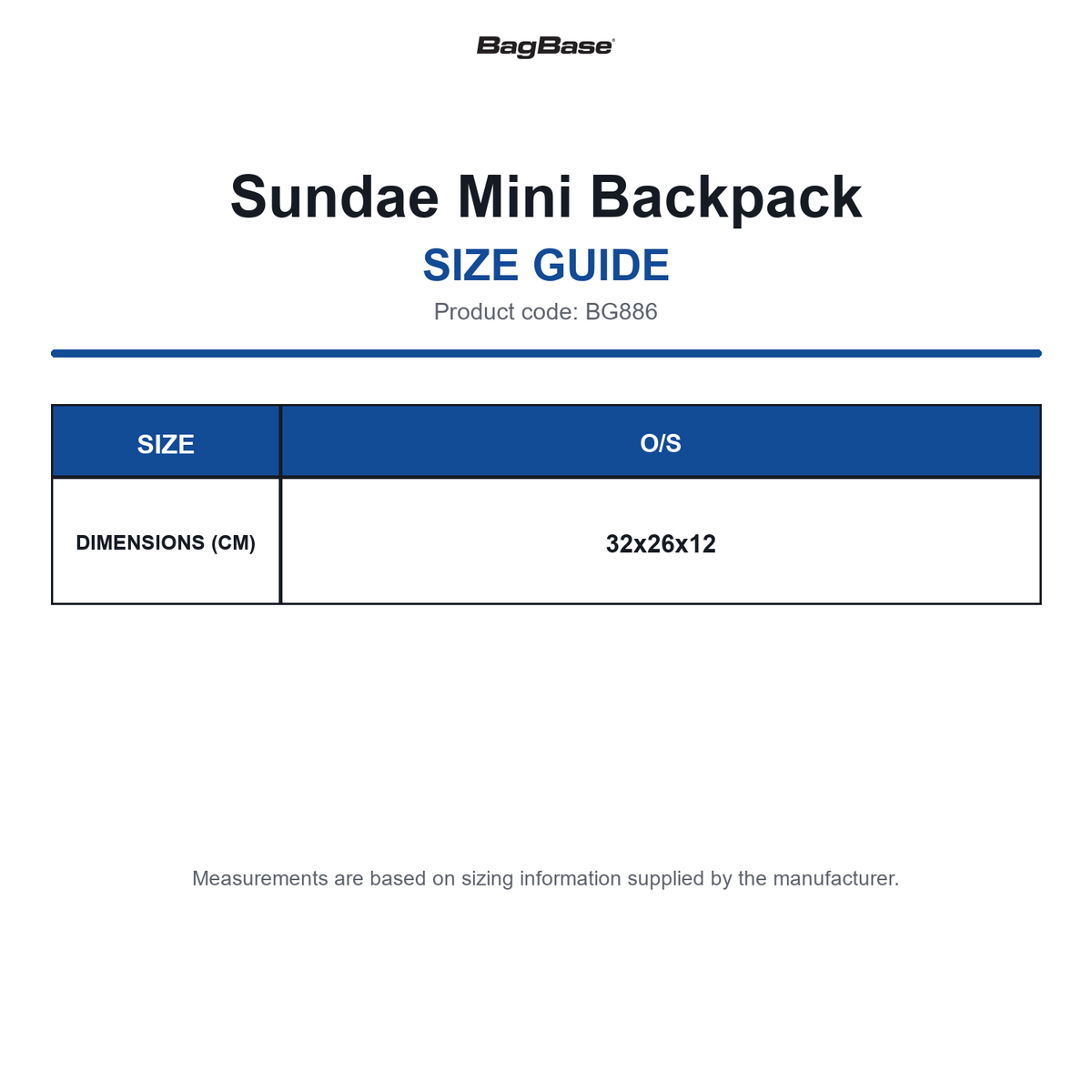 BG886 Bagbase Sundae Mini Backpack size guide (BG886)