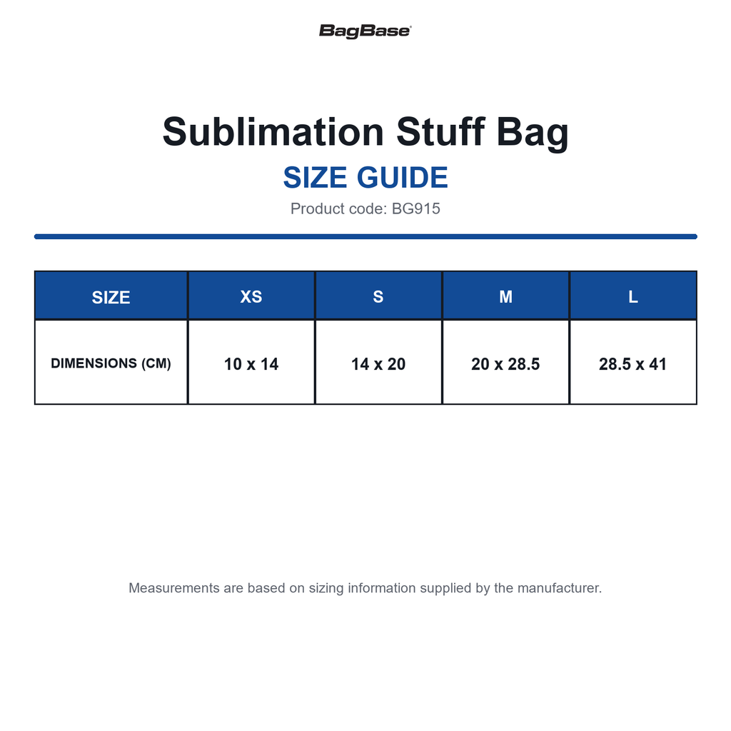 BG915 Bagbase Sublimation Stuff Bag size guide (BG915)