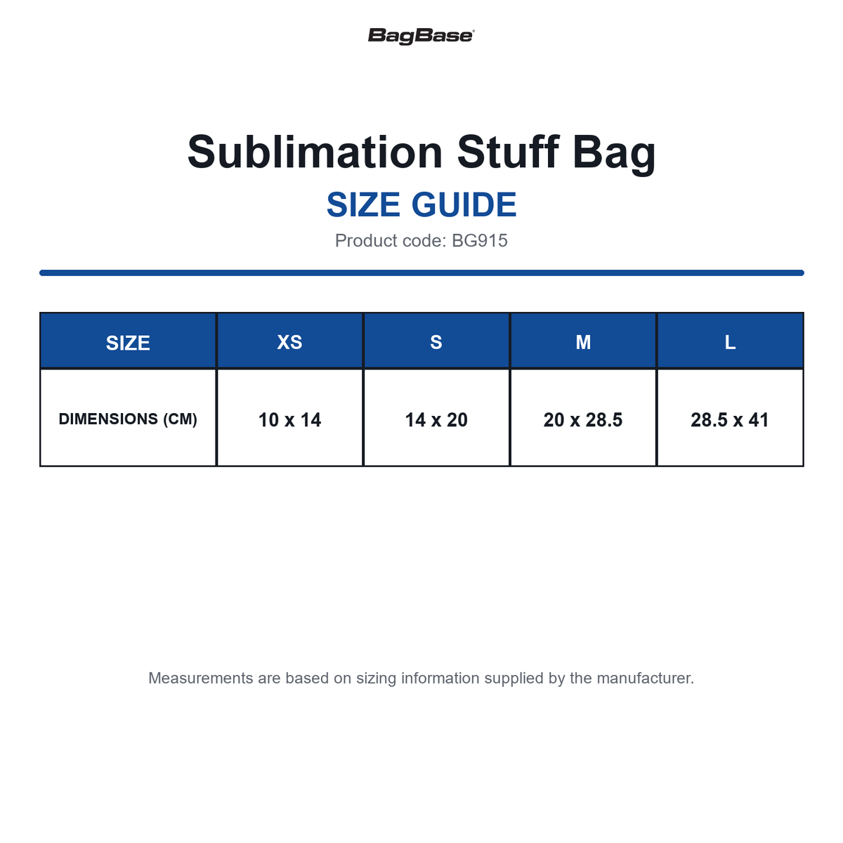 BG915 Bagbase Sublimation Stuff Bag size guide (BG915)