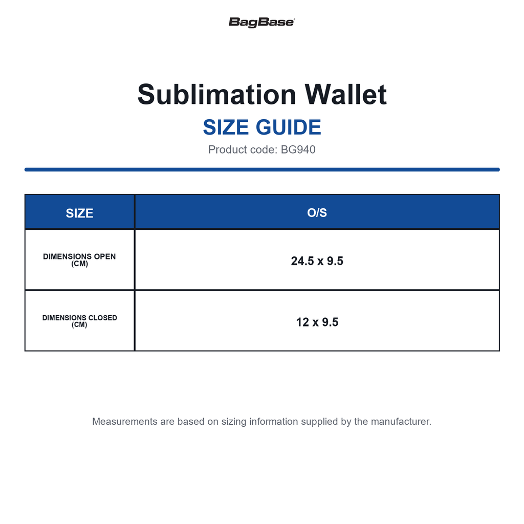 BG940 Bagbase Sublimation Wallet size guide (BG940)