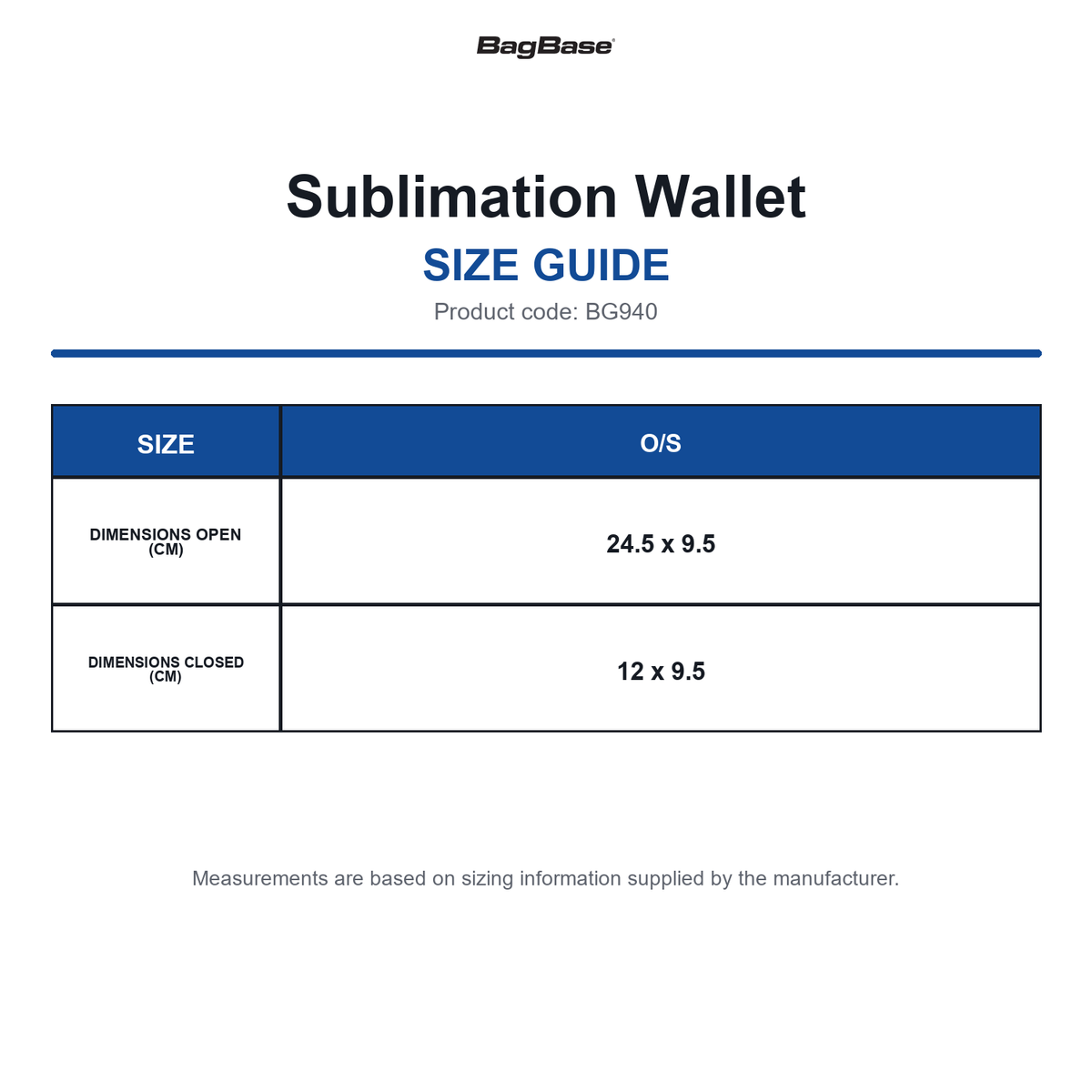BG940 Bagbase Sublimation Wallet size guide (BG940)