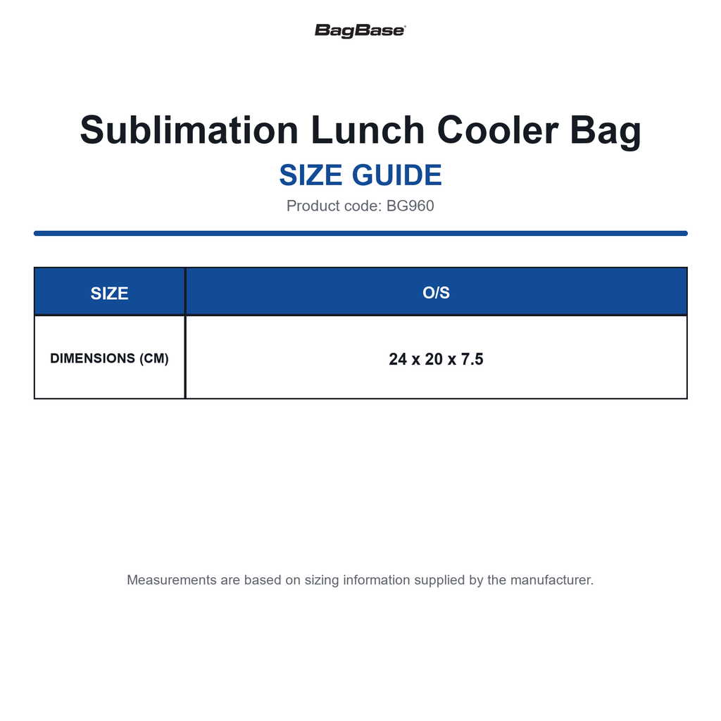 BG960 Bagbase Sublimation Lunch Cooler Bag size guide (BG960)