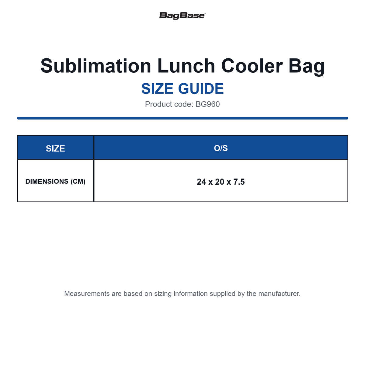 BG960 Bagbase Sublimation Lunch Cooler Bag size guide (BG960)
