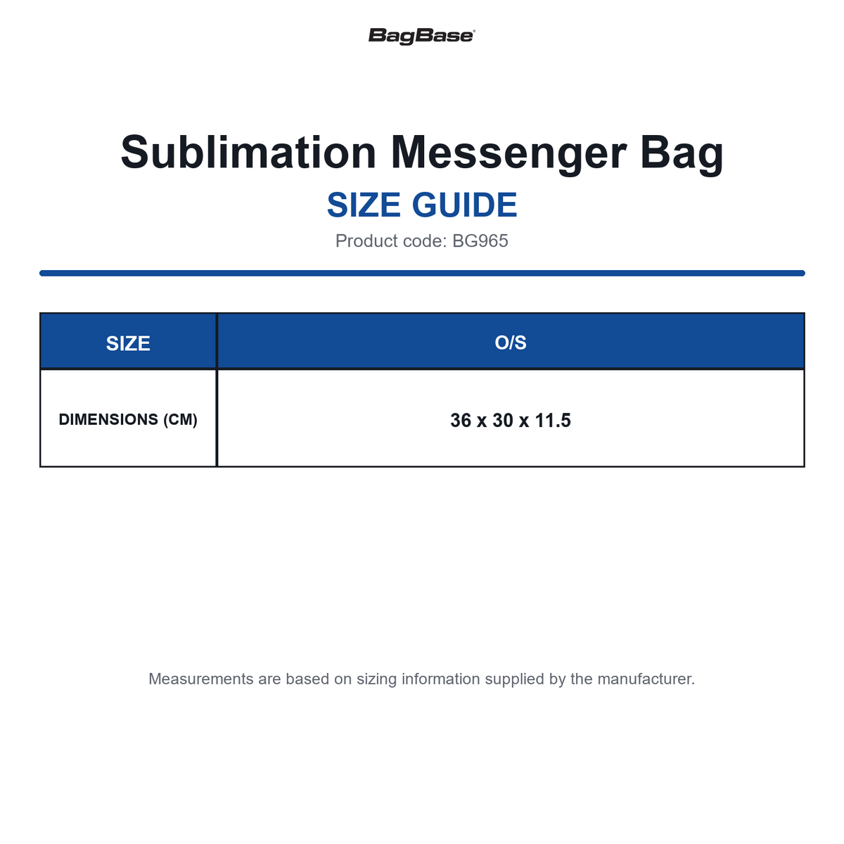 BG965 Bagbase Sublimation Messenger Bag size guide (BG965)