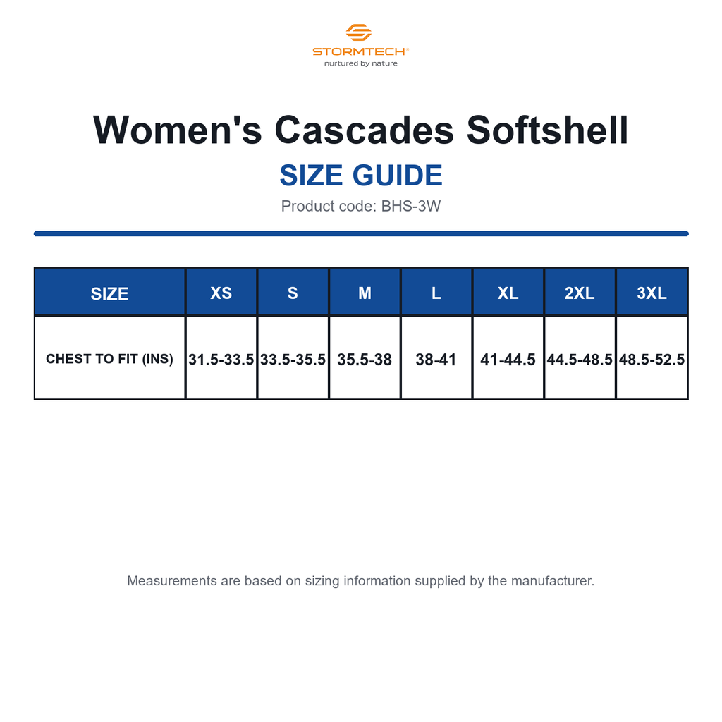BHS-3W Stormtech Women's Cascades Softshell size guide (BHS-3W)