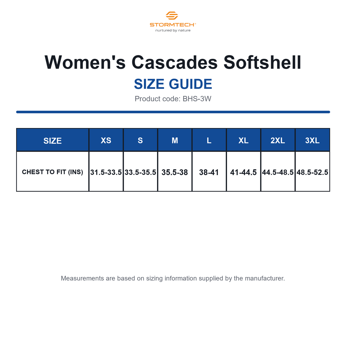 BHS-3W Stormtech Women's Cascades Softshell size guide (BHS-3W)