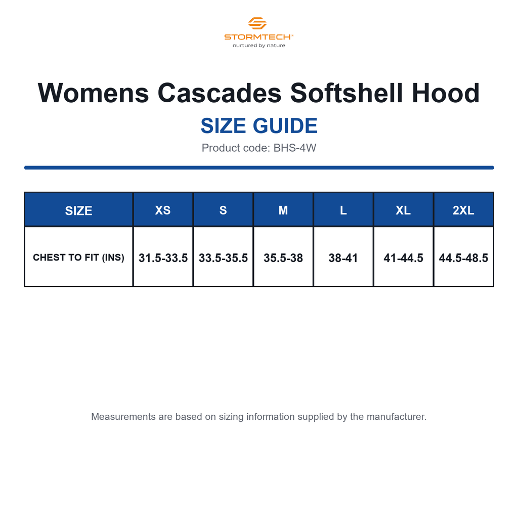 BHS-4W Stormtech Womens Cascades Softshell Hood size guide (BHS-4W)