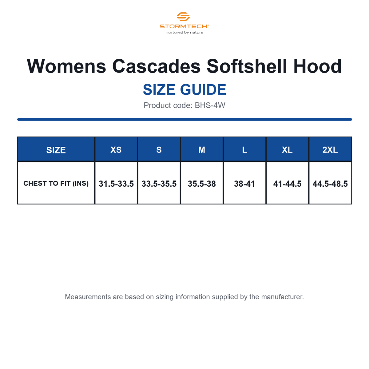 BHS-4W Stormtech Womens Cascades Softshell Hood size guide (BHS-4W)