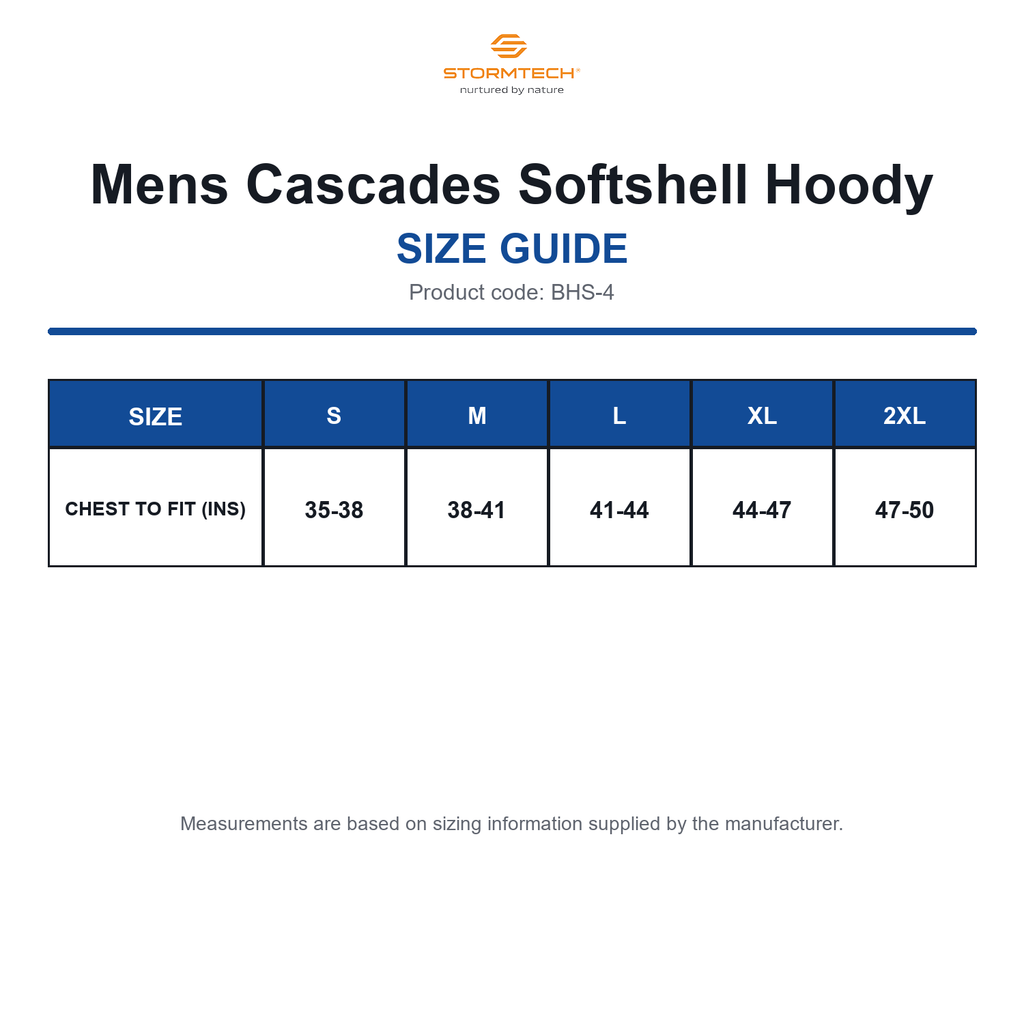 BHS-4 Stormtech Mens Cascades Softshell Hoody size guide (BHS-4)