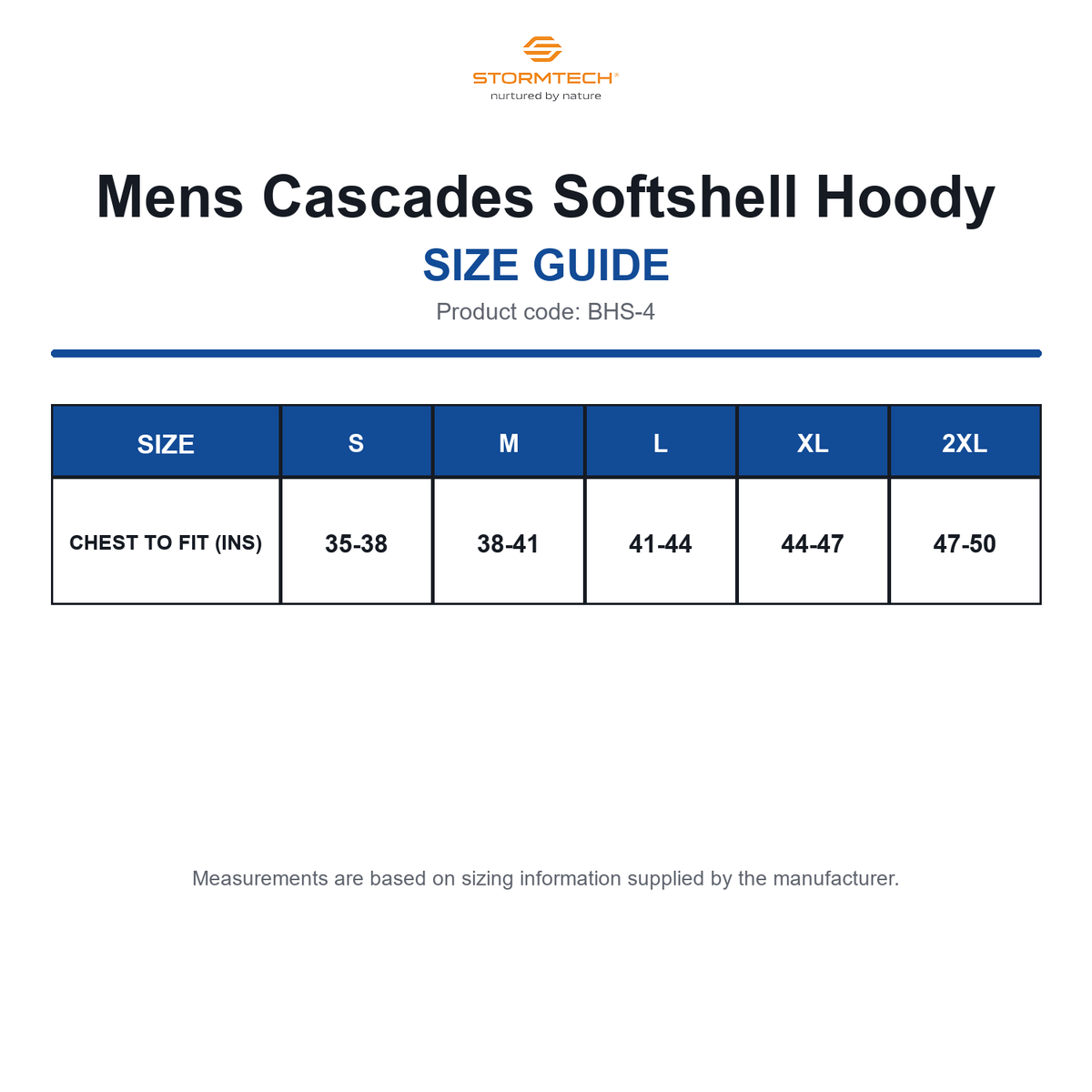 BHS-4 Stormtech Mens Cascades Softshell Hoody size guide (BHS-4)