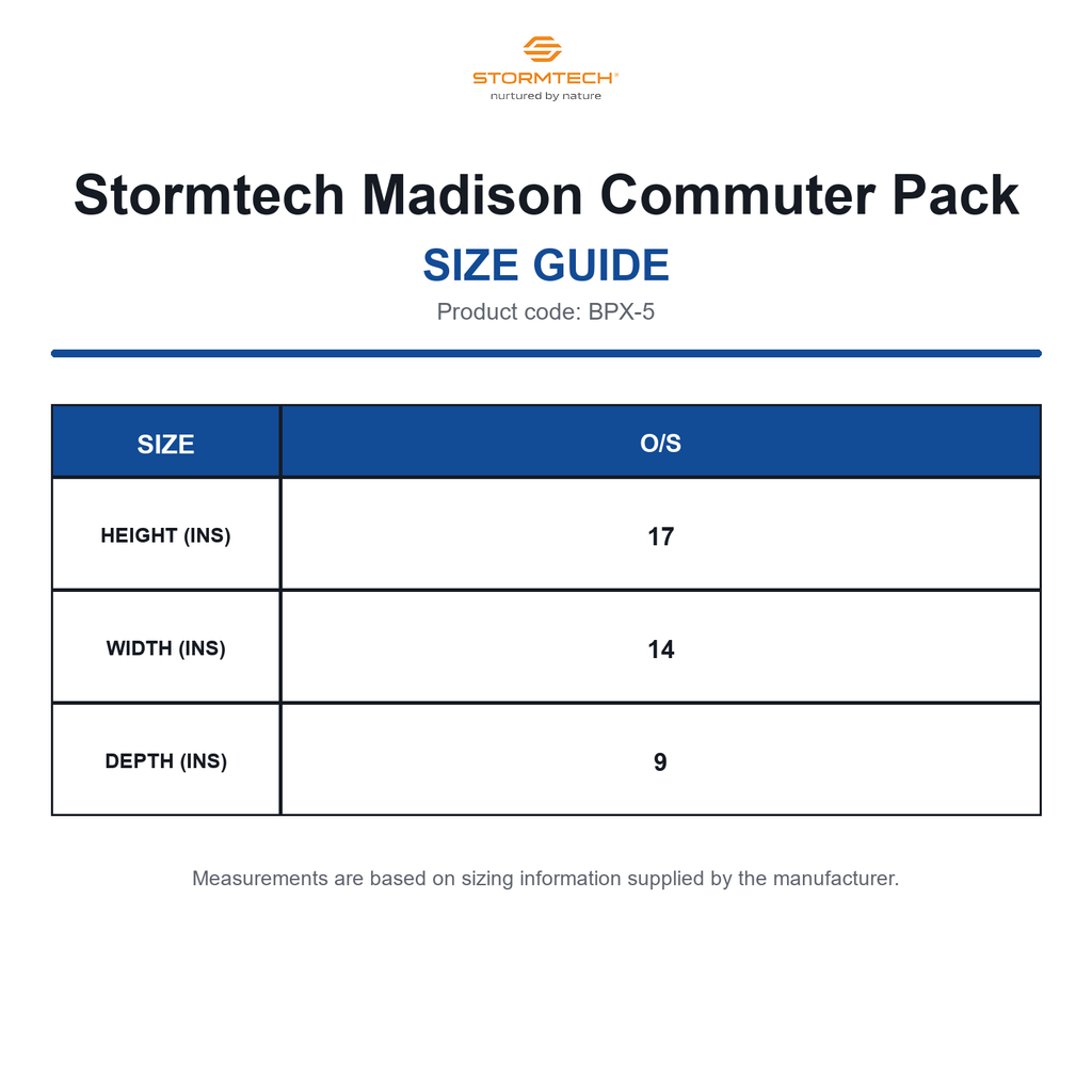 BPX-5 Stormtech Madison Commuter Pack size guide (BPX-5)