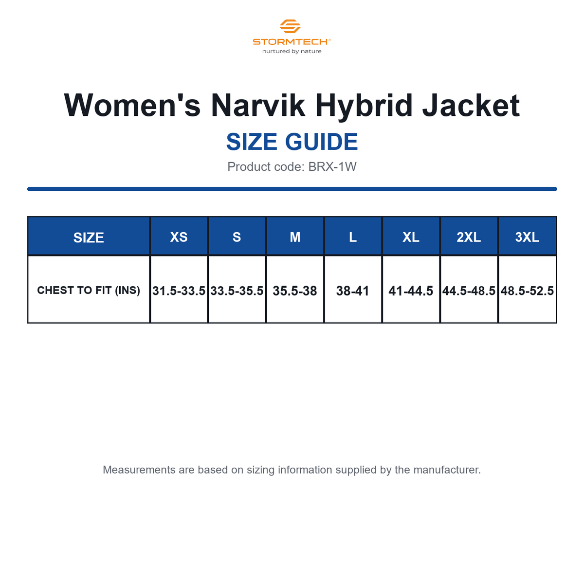 BRX-1W Stormtech Women's Narvik Hybrid Jacket size guide (BRX-1W)