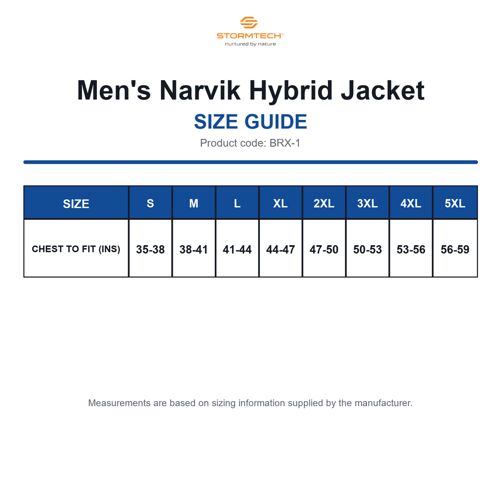 BRX-1 Stormtech Men's Narvik Hybrid Jacket size guide (BRX-1)