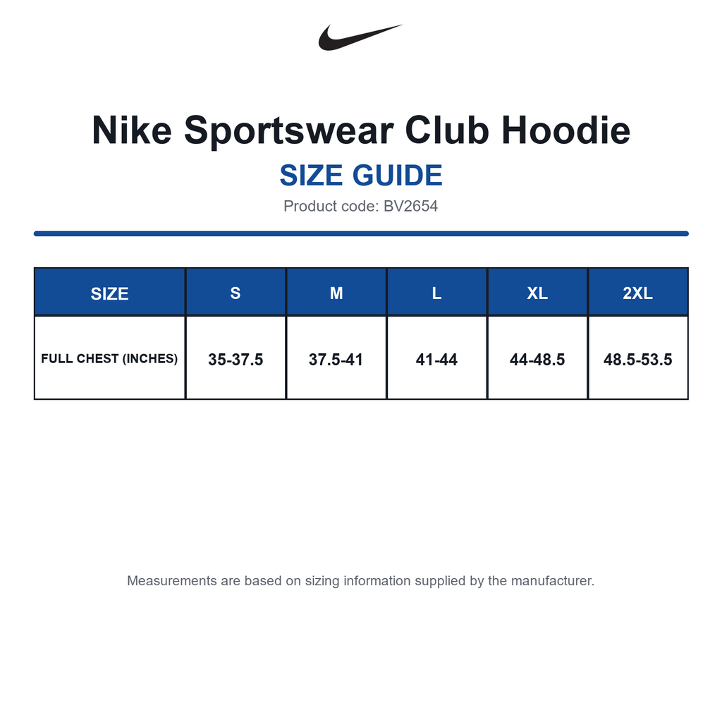BV2654 Nike Sportswear Club Hoodie size guide (BV2654)
