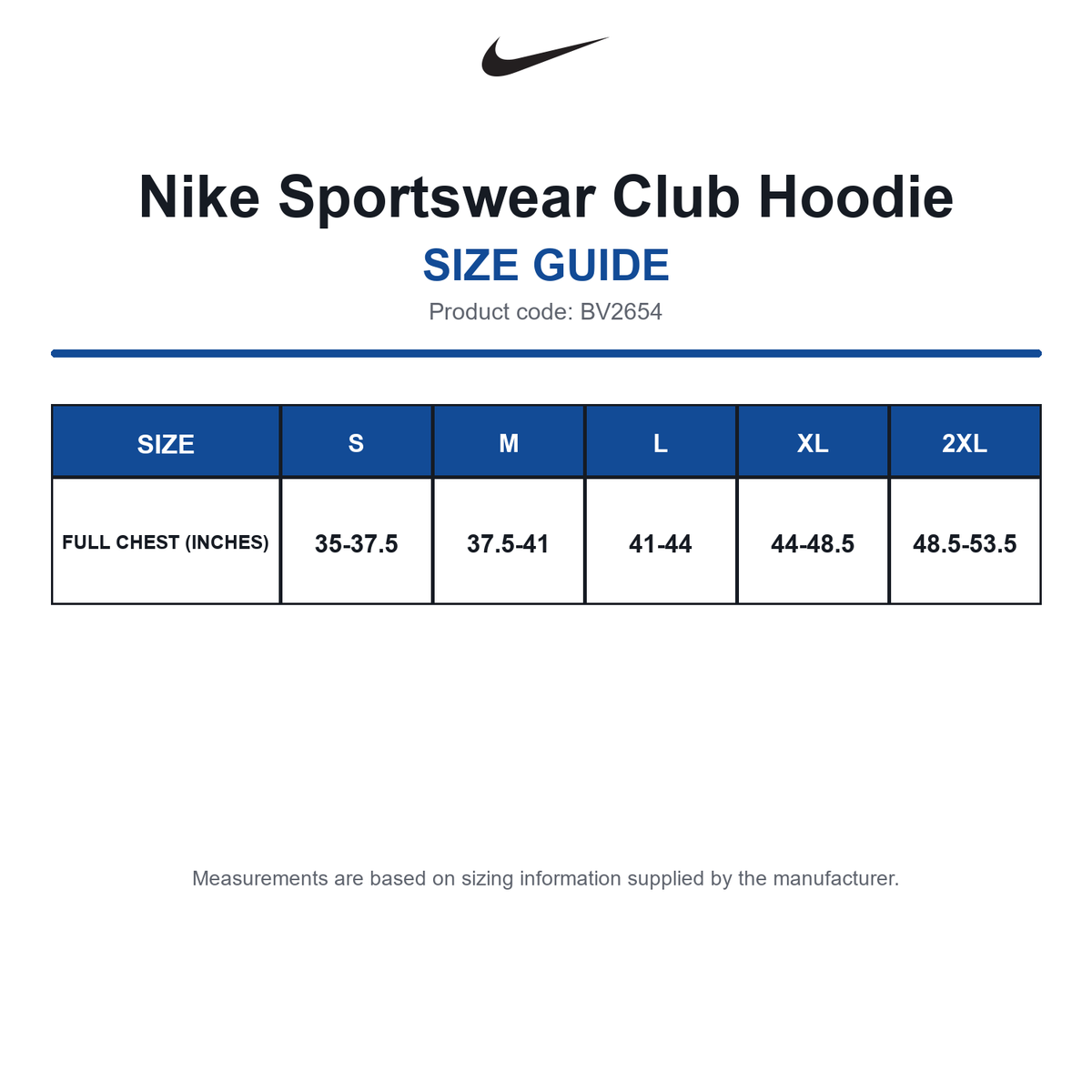 BV2654 Nike Sportswear Club Hoodie size guide (BV2654)