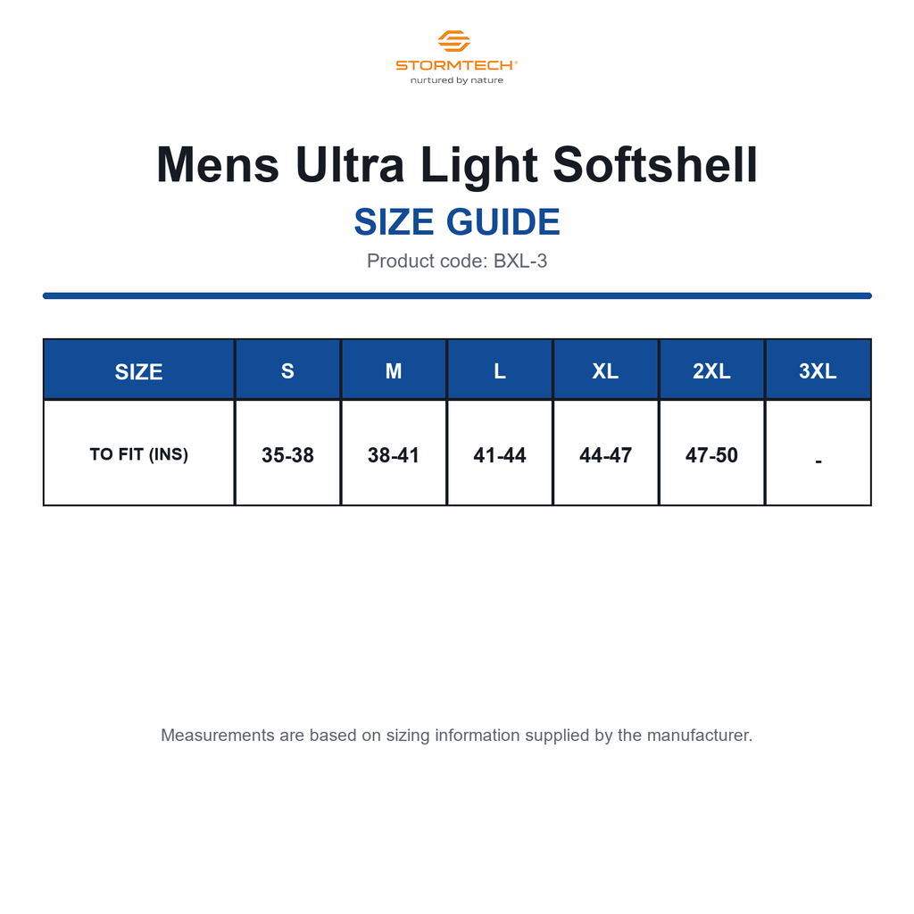 BXL-3 Stormtech Mens Ultra Light Softshell size guide (BXL-3)