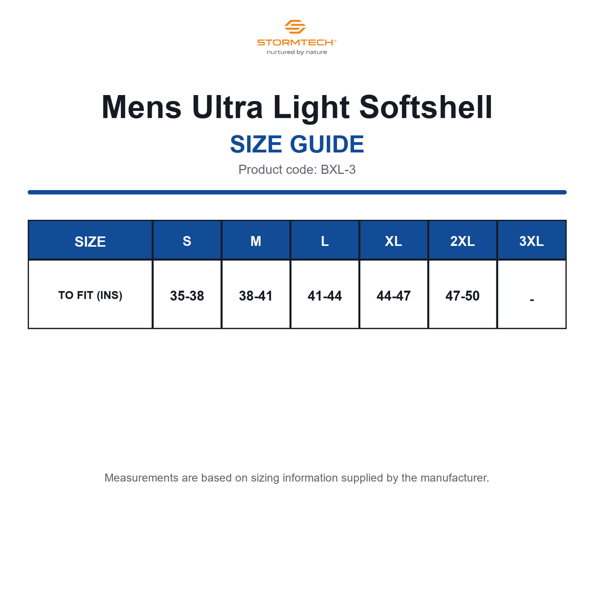 BXL-3 Stormtech Mens Ultra Light Softshell size guide (BXL-3)