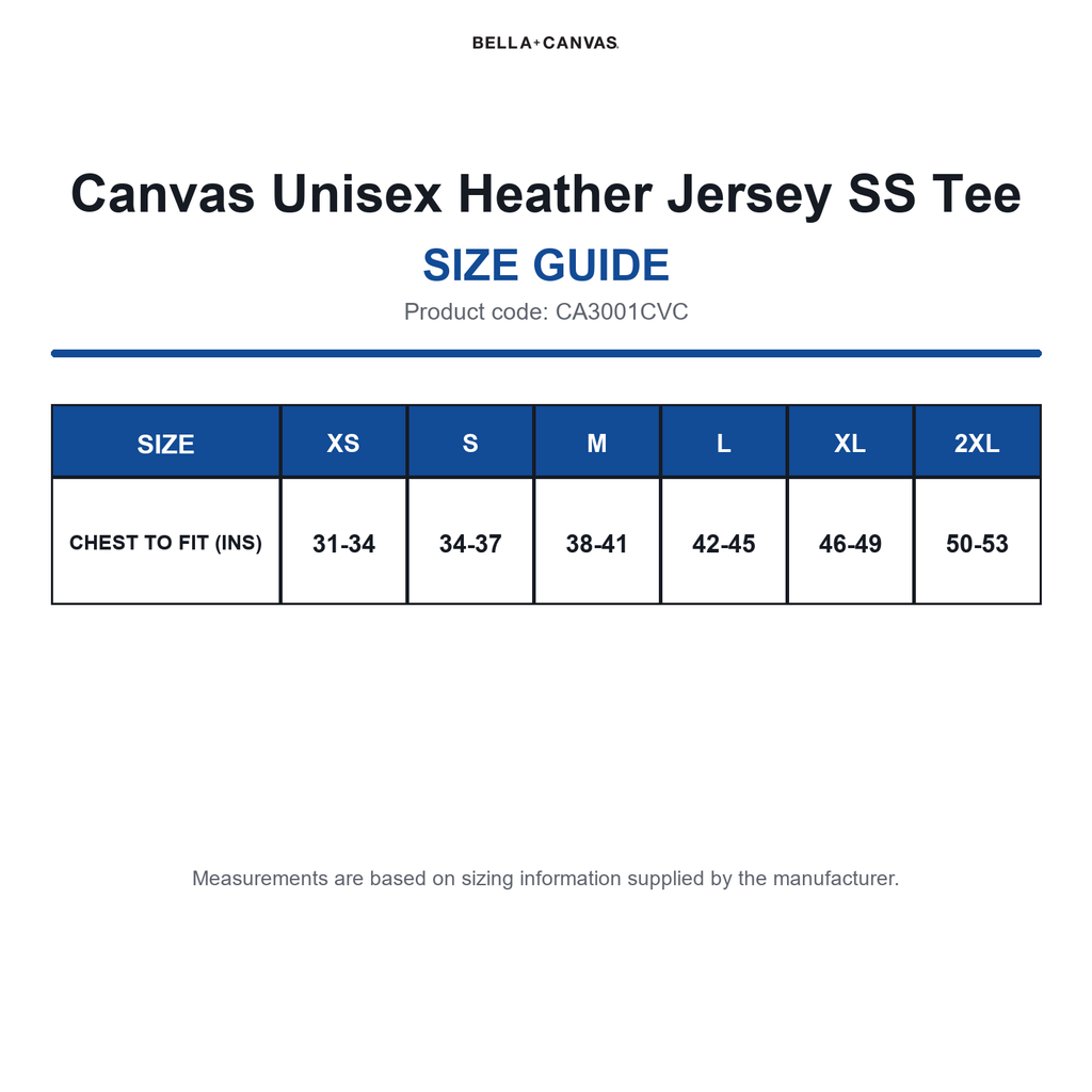 CA3001CVC Canvas Unisex Heather Jersey SS Tee size guide (CA3001CVC)
