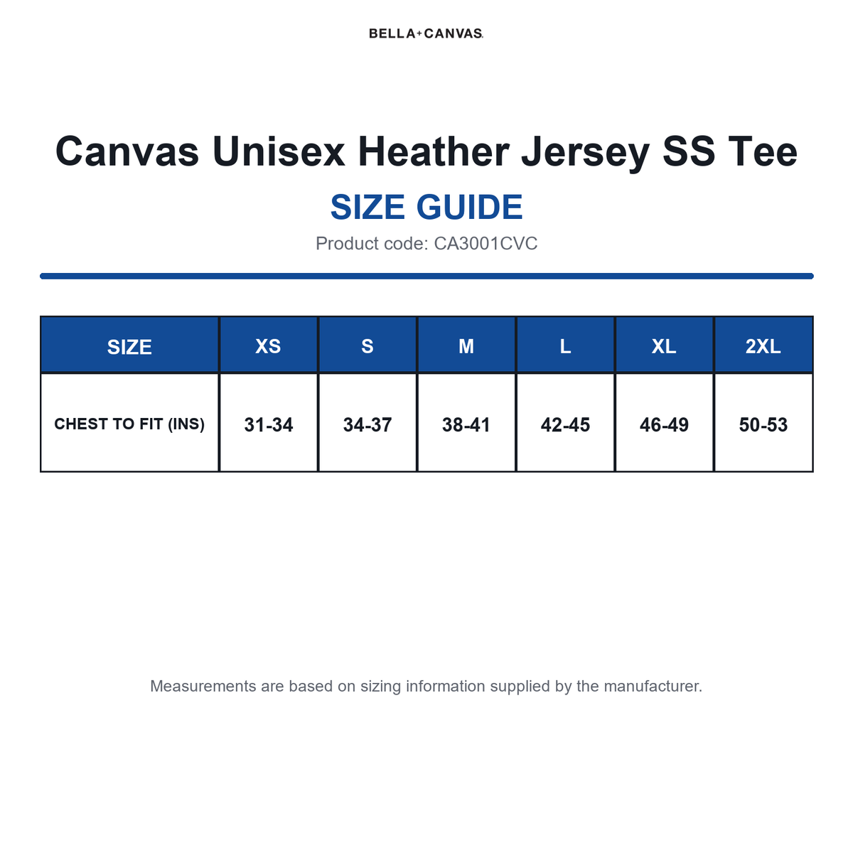 CA3001CVC Canvas Unisex Heather Jersey SS Tee size guide (CA3001CVC)