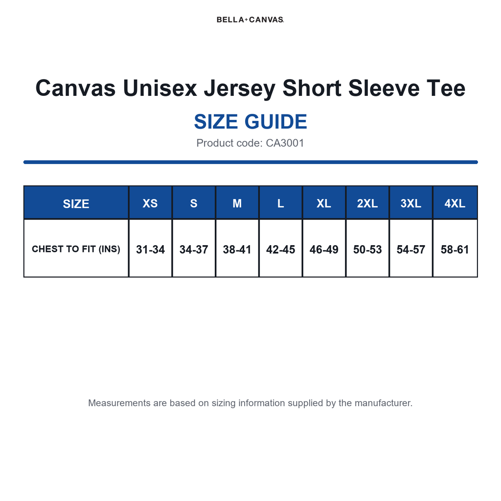 CA3001 Canvas Unisex Jersey Short Sleeve Tee size guide (CA3001)