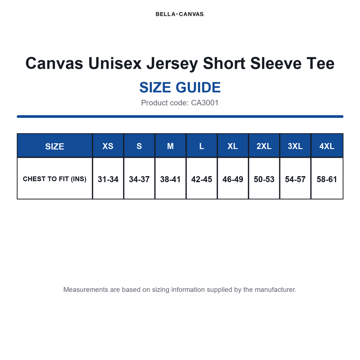 CA3001 Canvas Unisex Jersey Short Sleeve Tee size guide (CA3001)