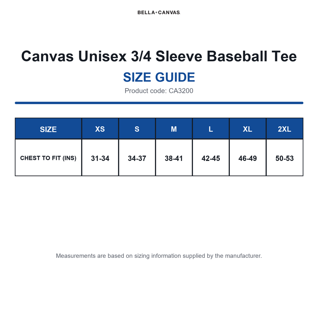 CA3200 Canvas Unisex 3/4 Sleeve Baseball Tee size guide (CA3200)