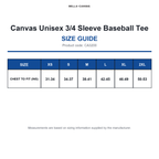 CA3200 Canvas Unisex 3/4 Sleeve Baseball Tee size guide (CA3200)