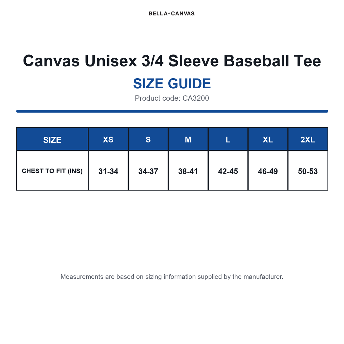 CA3200 Canvas Unisex 3/4 Sleeve Baseball Tee size guide (CA3200)