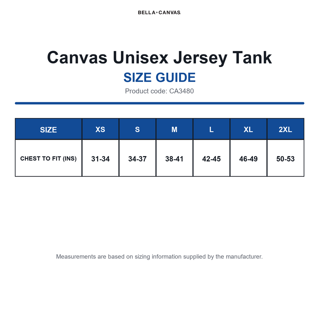 CA3480 Canvas Unisex Jersey Tank size guide (CA3480)