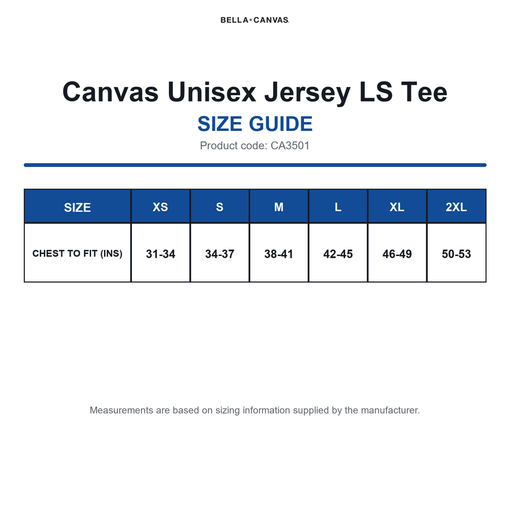 CA3501 Canvas Unisex Jersey LS Tee size guide (CA3501)