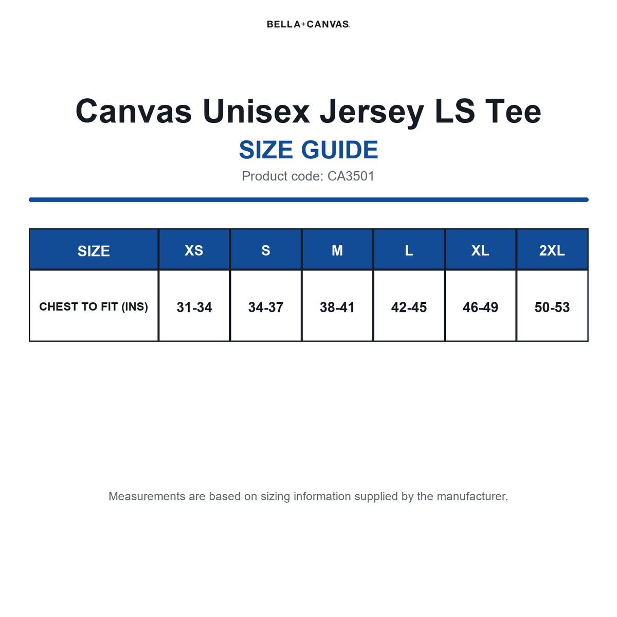 CA3501 Canvas Unisex Jersey LS Tee size guide (CA3501)