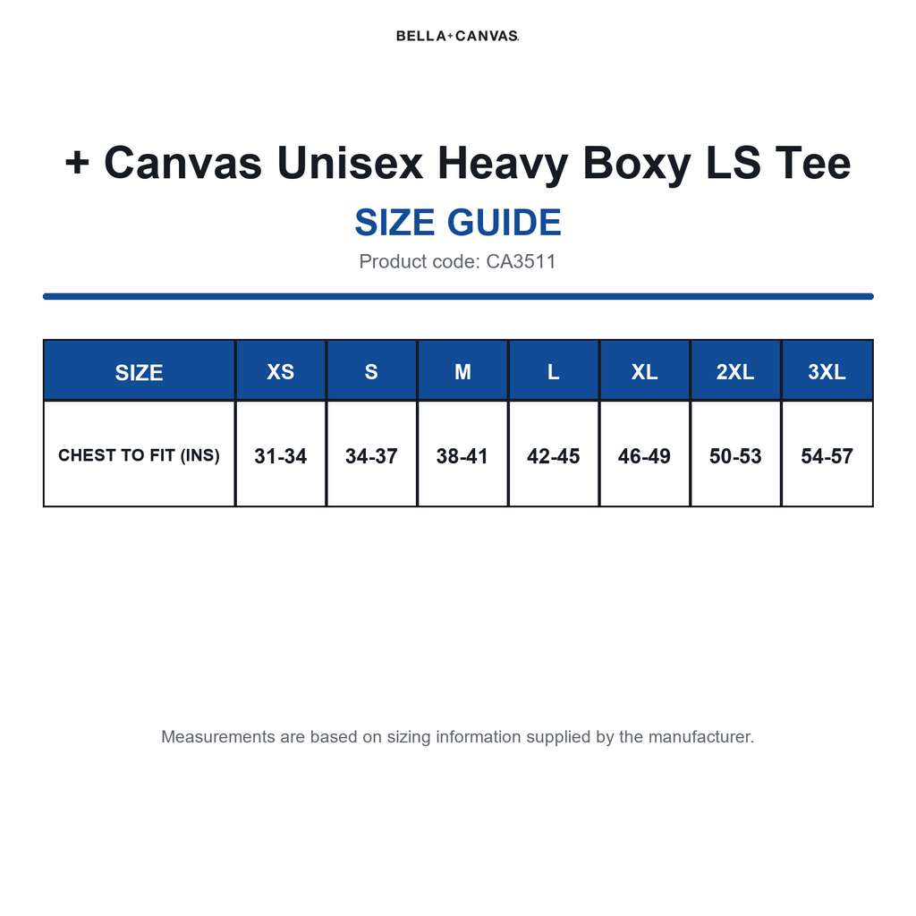 CA3511 Bella + Canvas Unisex Heavy Boxy LS Tee size guide (CA3511)