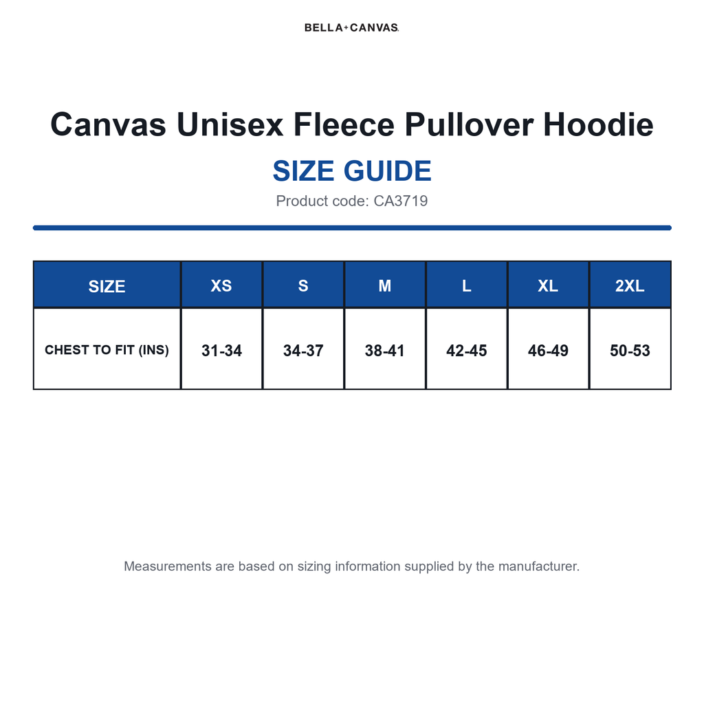 CA3719 Canvas Unisex Fleece Pullover Hoodie size guide (CA3719)