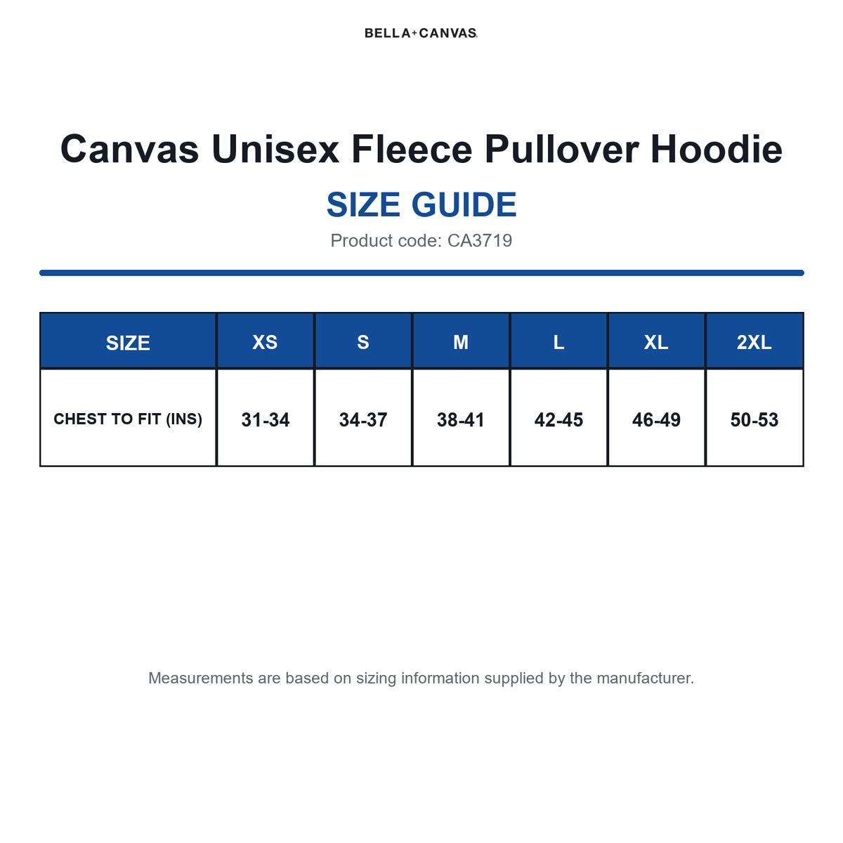CA3719 Canvas Unisex Fleece Pullover Hoodie size guide (CA3719)