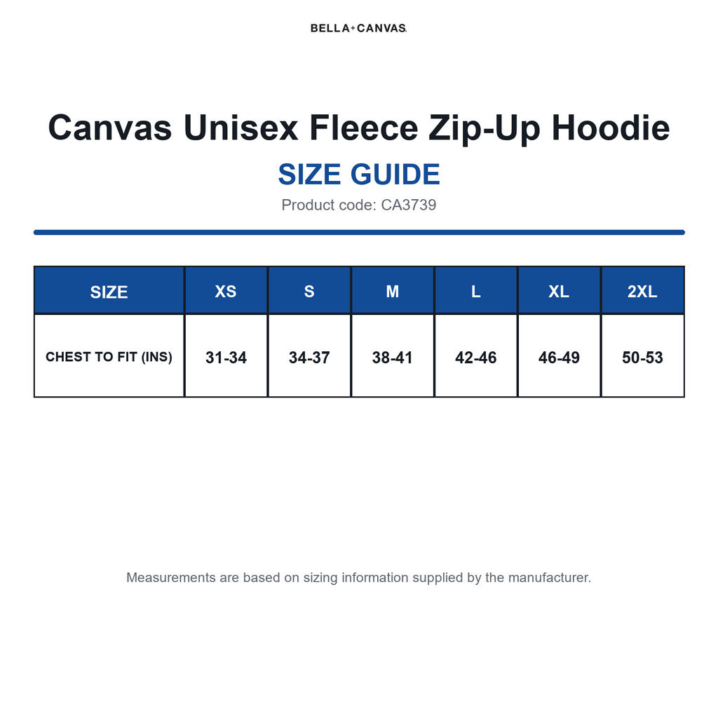 CA3739 Canvas Unisex Fleece Zip-Up Hoodie size guide (CA3739)