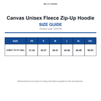 CA3739 Canvas Unisex Fleece Zip-Up Hoodie size guide (CA3739)