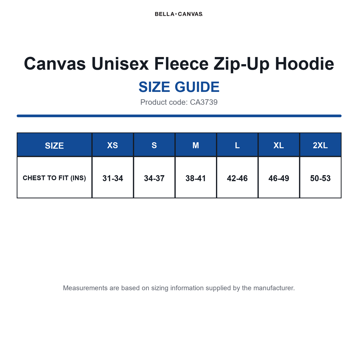 CA3739 Canvas Unisex Fleece Zip-Up Hoodie size guide (CA3739)