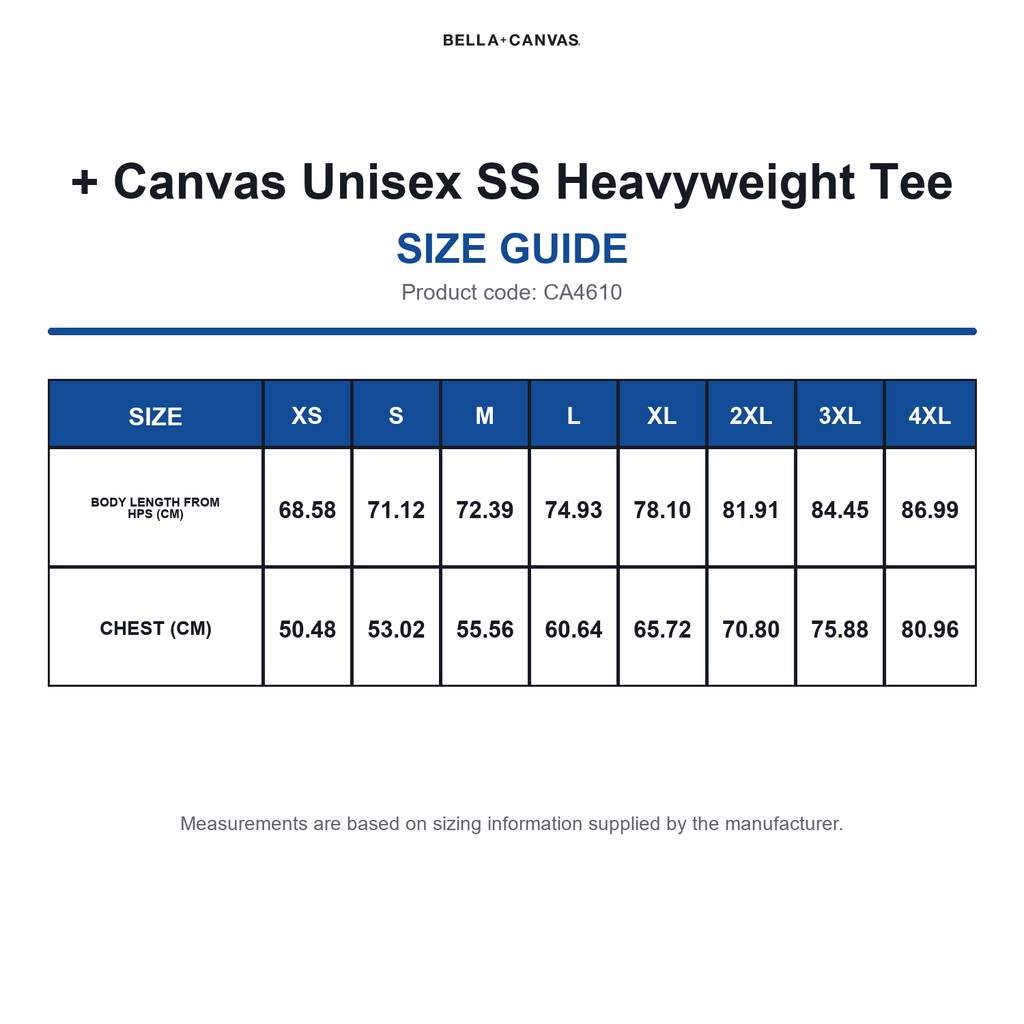 CA4610 Bella + Canvas Unisex SS Heavyweight Tee size guide (CA4610)