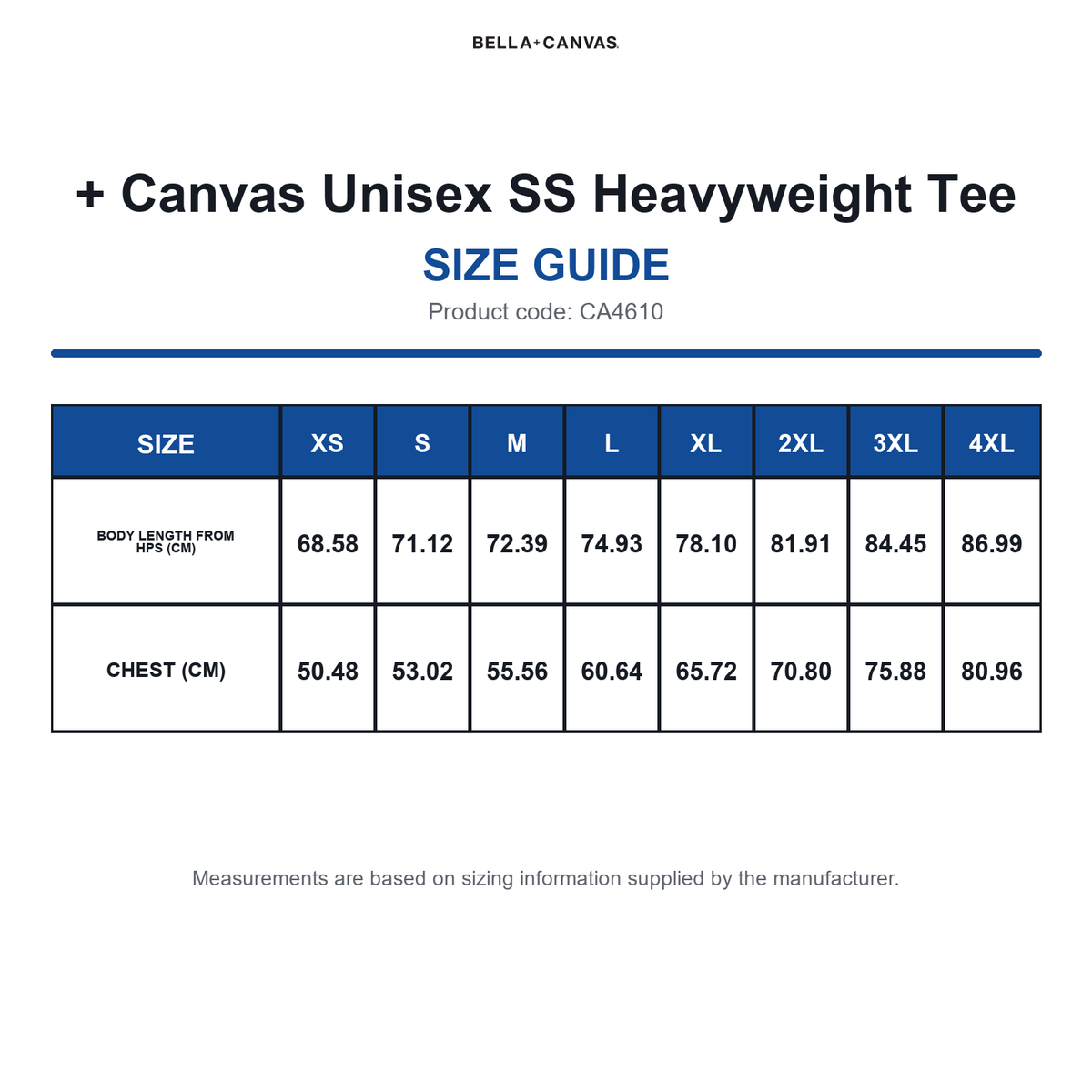 CA4610 Bella + Canvas Unisex SS Heavyweight Tee size guide (CA4610)