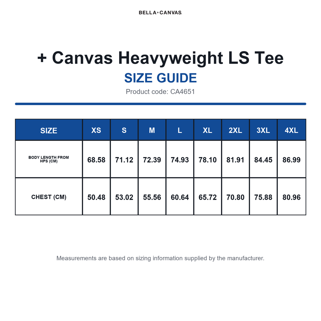 CA4651 Bella + Canvas Heavyweight LS Tee size guide (CA4651)
