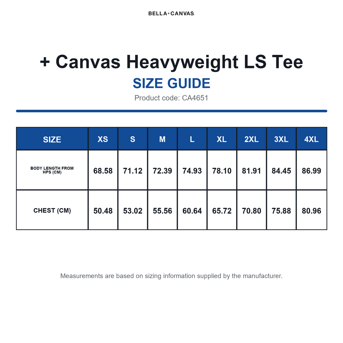 CA4651 Bella + Canvas Heavyweight LS Tee size guide (CA4651)