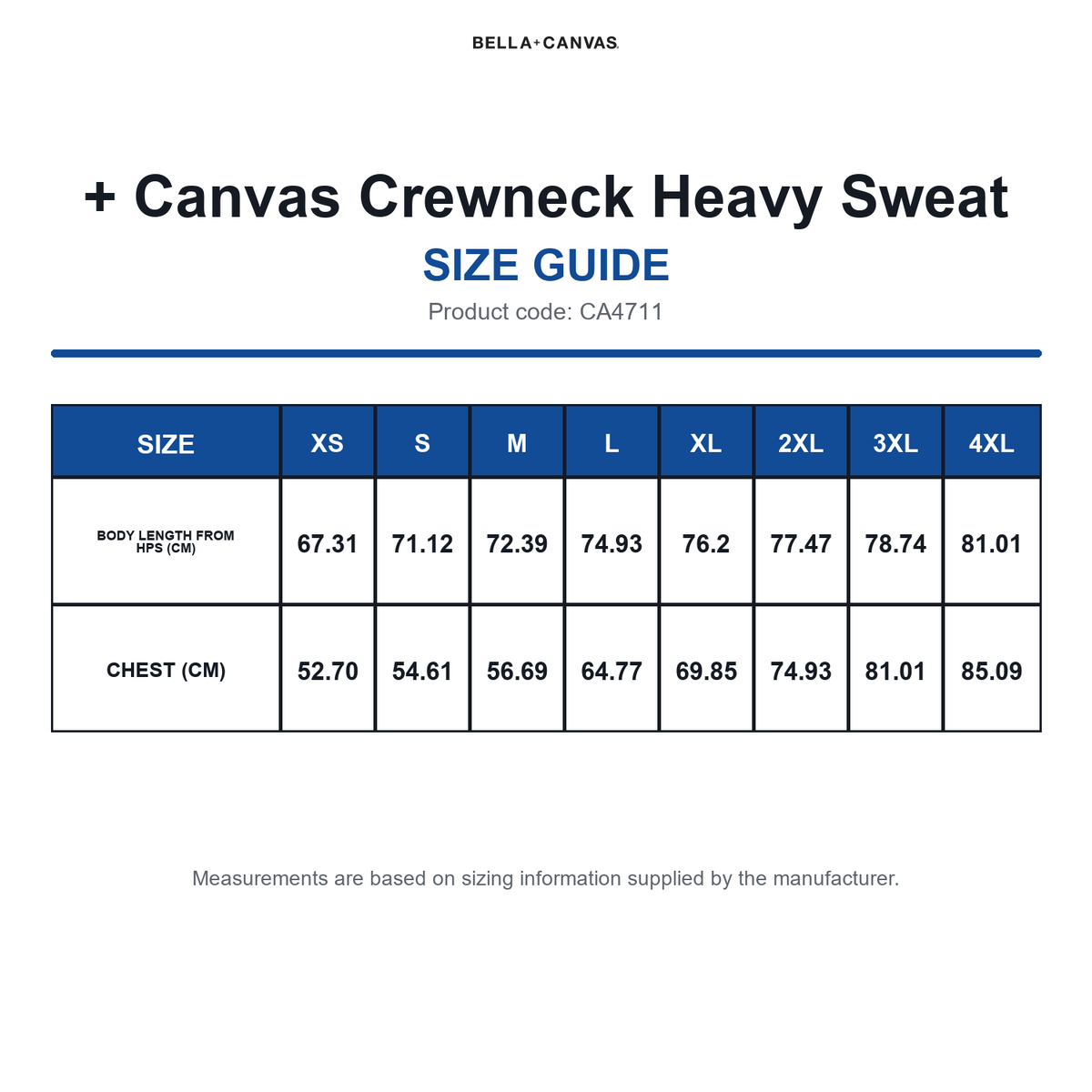 CA4711 Bella + Canvas Crewneck Heavy Sweat size guide (CA4711)