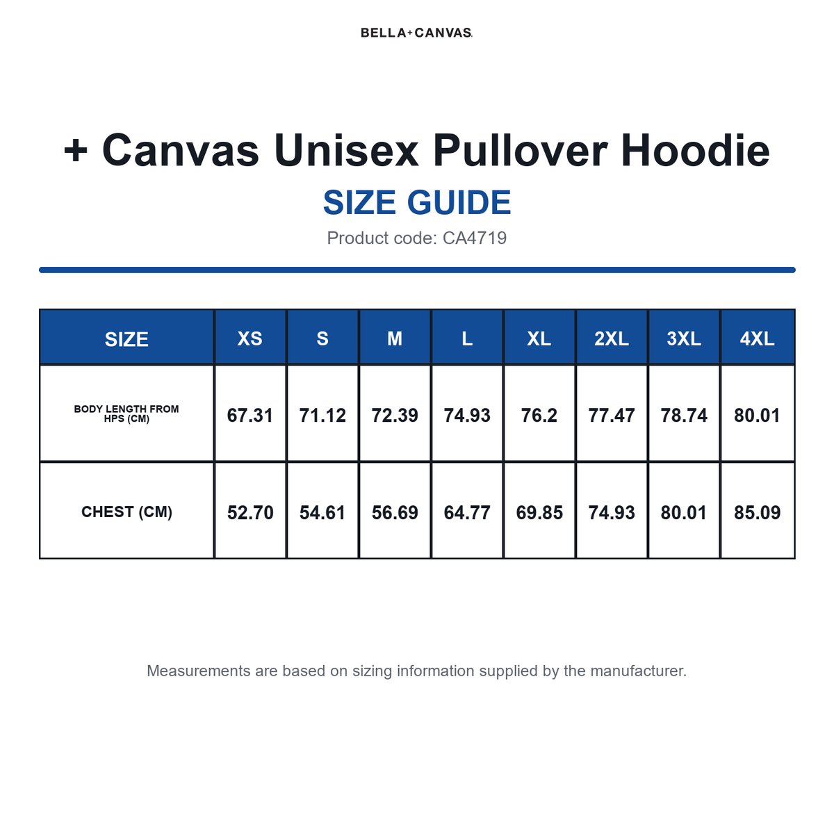 CA4719 Bella + Canvas Unisex Pullover Hoodie size guide (CA4719)