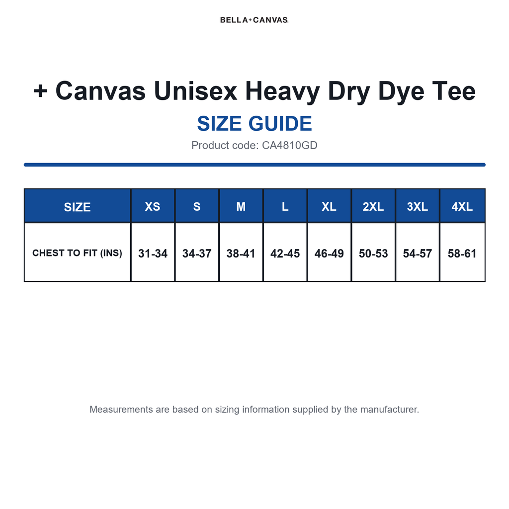 CA4810GD Bella + Canvas Unisex Heavy Dry Dye Tee size guide (CA4810GD)