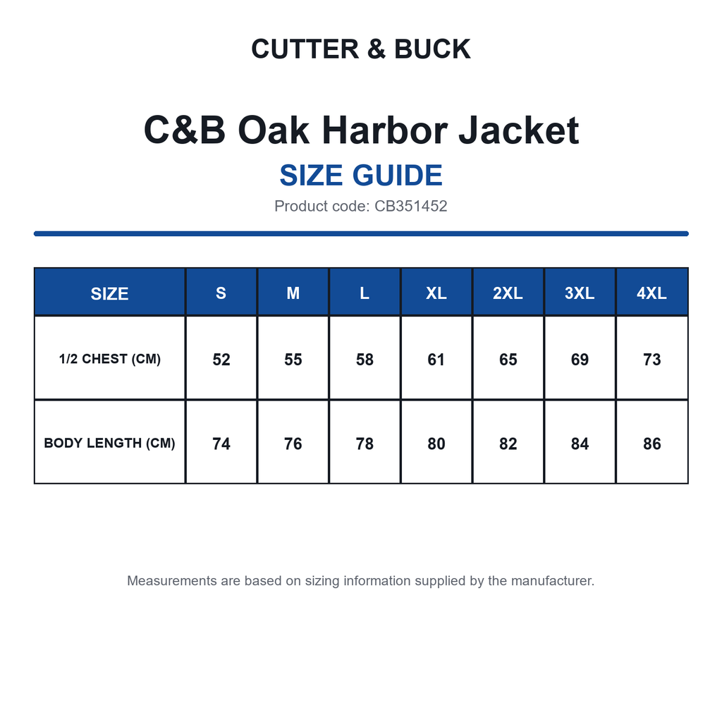 CB351452 C&B Oak Harbor Jacket size guide (CB351452)
