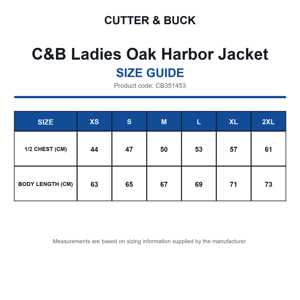 CB351453 C&B Ladies Oak Harbor Jacket size guide (CB351453)