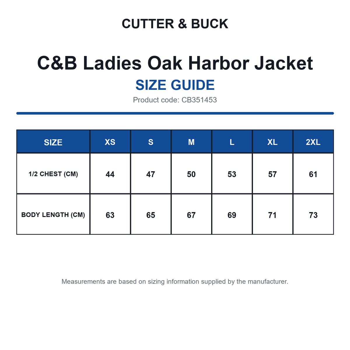 CB351453 C&B Ladies Oak Harbor Jacket size guide (CB351453)