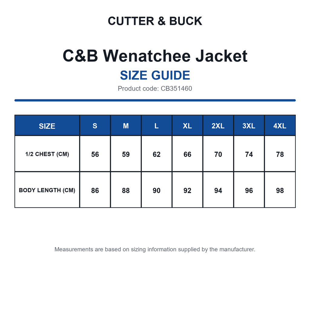 CB351460 C&B Wenatchee Jacket size guide (CB351460)