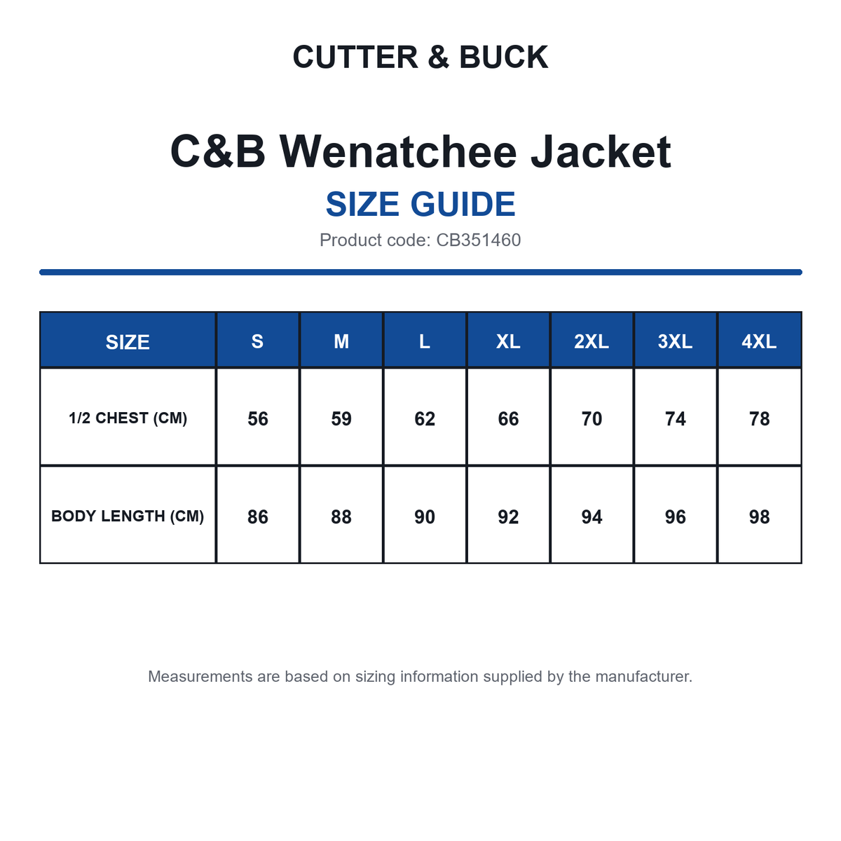 CB351460 C&B Wenatchee Jacket size guide (CB351460)
