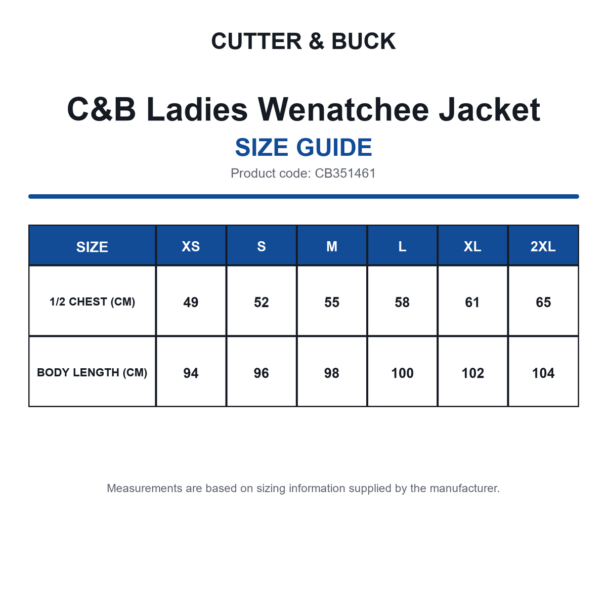 CB351461 C&B Ladies Wenatchee Jacket size guide (CB351461)